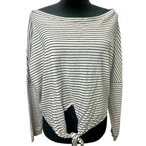 TTMYJ Black and White Striped Boat Neck Drop 3/4 Sleeve Front Knot Tie Top